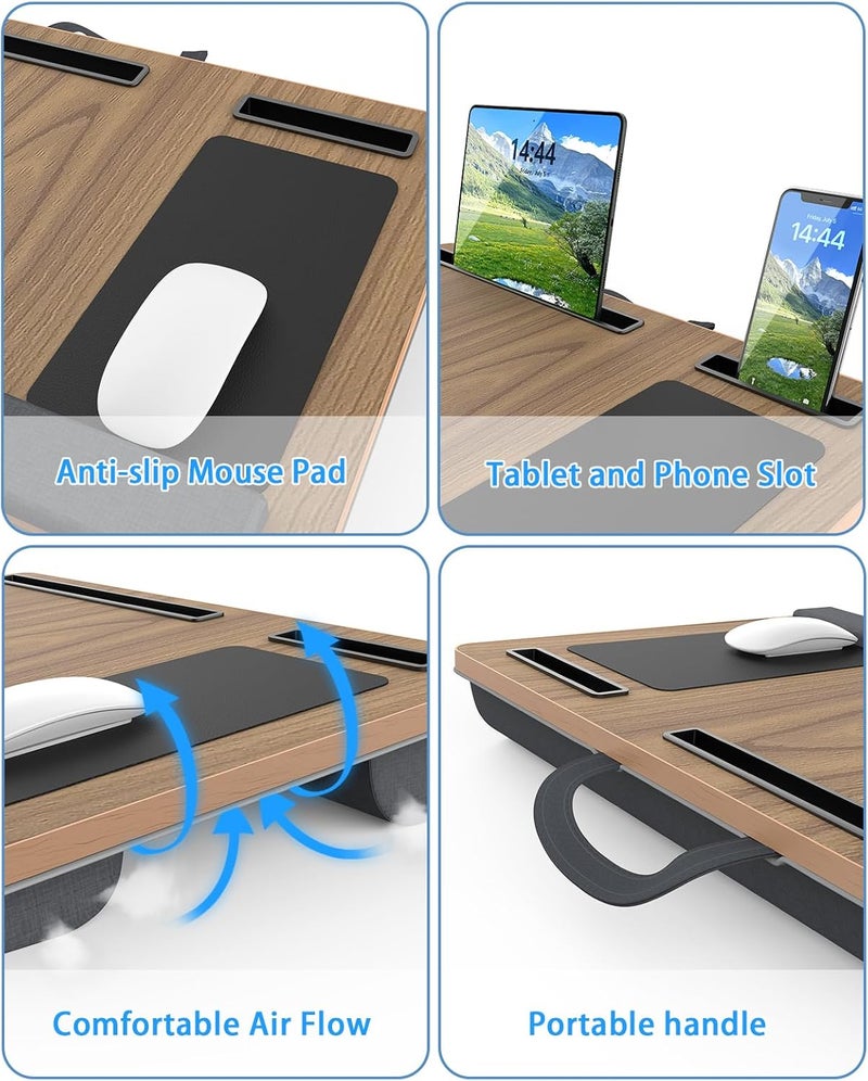 HETTHI Laptop Lap Desk, Portable Large Laptop Desk for Bed, Up to 17 in Lap Table with Wrist Rest, Mouse Pad, Tablet Phone Slot, Portable Handle, Cushion (Dark Brown Woodgrain) - Image 4